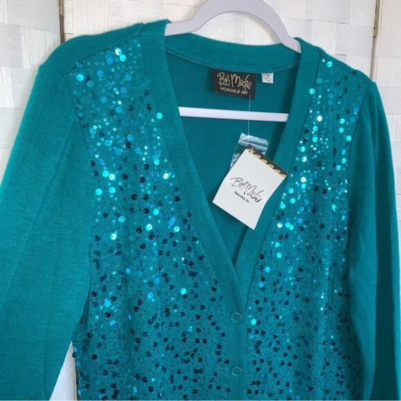 Bob Mackie Womens Wearable Art Sequin Aqua Blue Button Up Cardigan Size Small - Picture 8 of 16